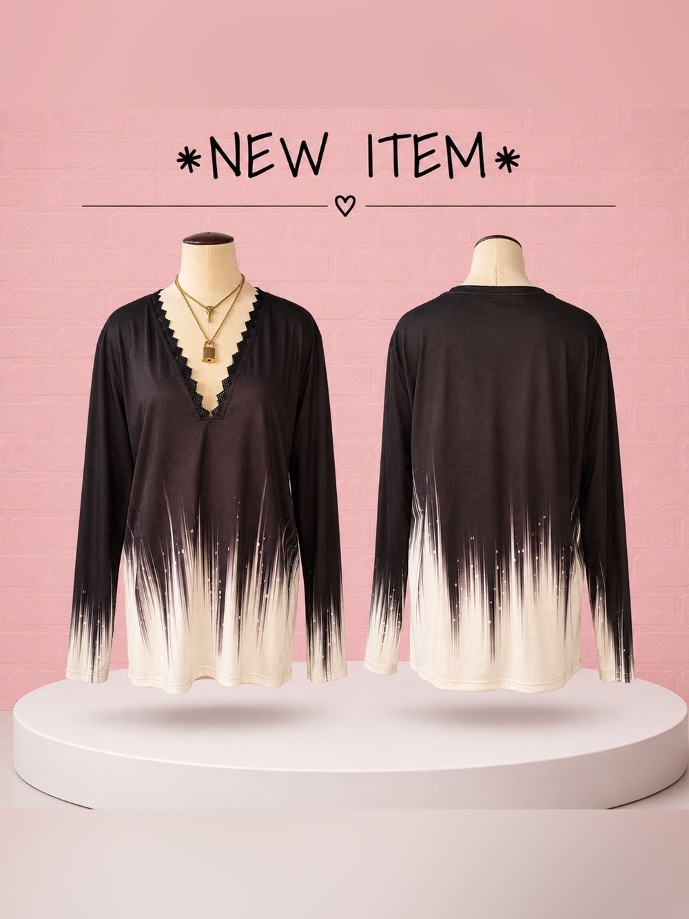 NWT Black White Ombre Tunic Blouse Lace V-Neck Long Sleeve XXL